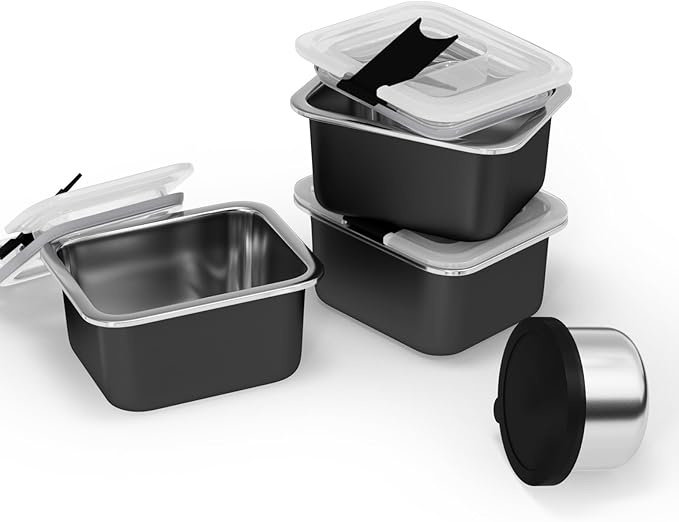 Stainless Steel Snack Box Containers for Kids, 3 Packs 12 oz Leak-Proof Microwave-safe Small Food Storage Container with Lid, Metal Compact Bento Lunch Box Container for School Travel
