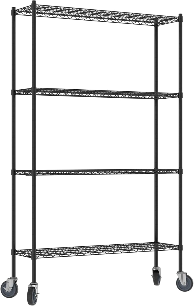 Commercial NSF Listed Black Epoxy Mobile Wire Shelving Kit 14" x 48" x 80", with 4 Shelves Perfect for Warehouse, Walk-in Refrigerator, Freezer, Grocery Store, Restaurant, Dishroom
