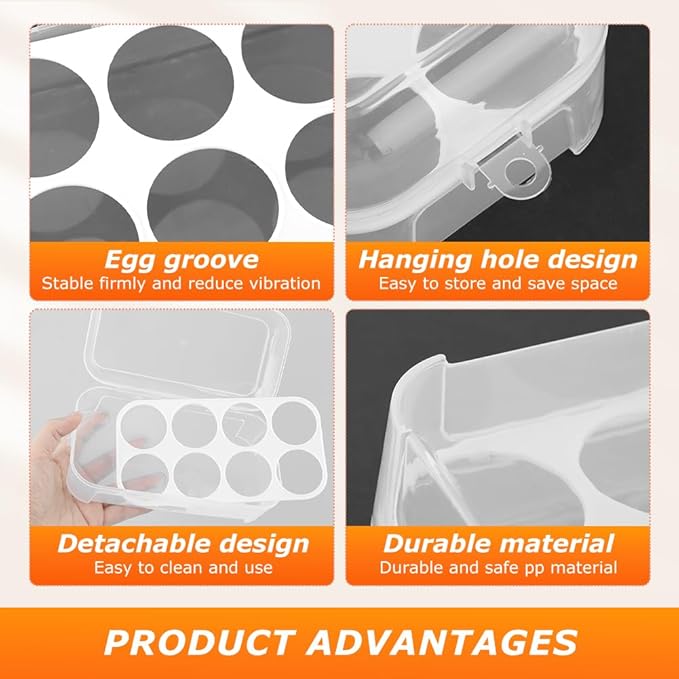 JIANWEI Egg Holder Camping, Shockproof 8 Grid Egg Container Clear Portable Egg Tray with Lid Plastic Egg Carrier for Refrigerator, Egg Storage Case for Camping Picnic Travel(White)