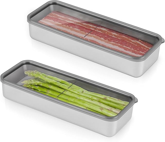 Verveia Bacon Container for Refrigerator,1Pack Bacon Holder for Fridge,Deli Meat Box for Fridge,304SS Airtight Food Storage Container,Stackable Refrigerator Organizer with Locking Lid (BPA Free)