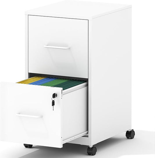 2 Drawer Mobile File Cabinet, Metal Under Desk Filing Cabinet with Lock and Wheels, Home Office Rolling File Cabinet for Legal/Letter Hanging File Folders, Un-Assembled, White