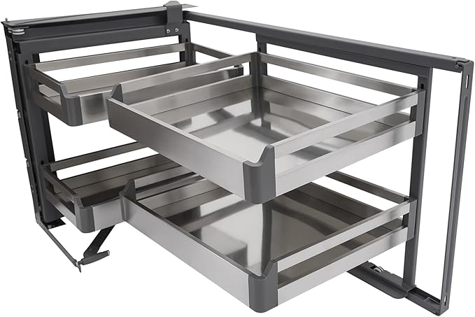 2 Tier Blind Corner Cabinet Pull Out Organizer, Left Pull-Out Shelf with 4 Baskets Stainless Steel Swivel Corner Cabinet Organizer for Kitchen Base Cabinet