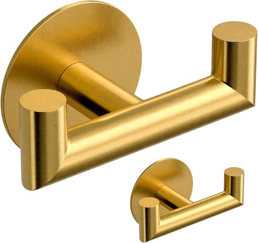 GWAAZXGZ 2 Pack Brushed Gold Bathroom Hooks for Towels - Self Adhesive Double Hooks for Wall, No Drilling, Stainless Steel 304, Strong Hold for Robes, Coats, Shower Use