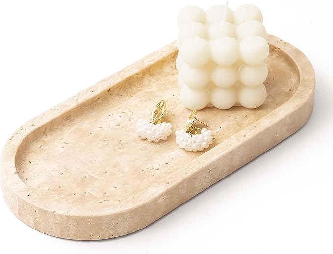 WORHE Italy Natural Travertine Stone Tray for Jewelry, Candles, Perfume, Trinket, Marble Oval Vanity Trays for Bathroom, Dresser, Kitchen, Countertop Storage Organizer for Home Decor Beige (WH028)
