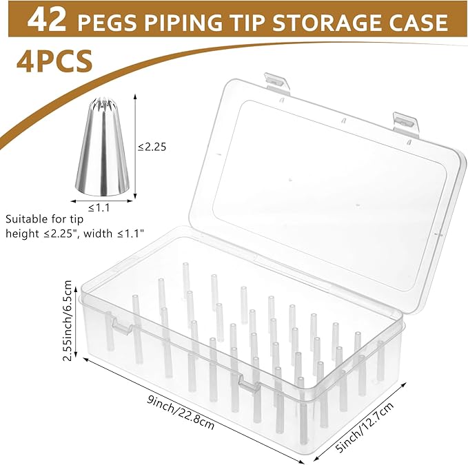 4 Pcs Piping Tips Storage Box with Fixed Pins 42 Pegs Piping Tip Organizer Baking Cake Decoration Tool Set Clear Plastic Cake Decorating Storage Box Container Baking Supplies Organizer