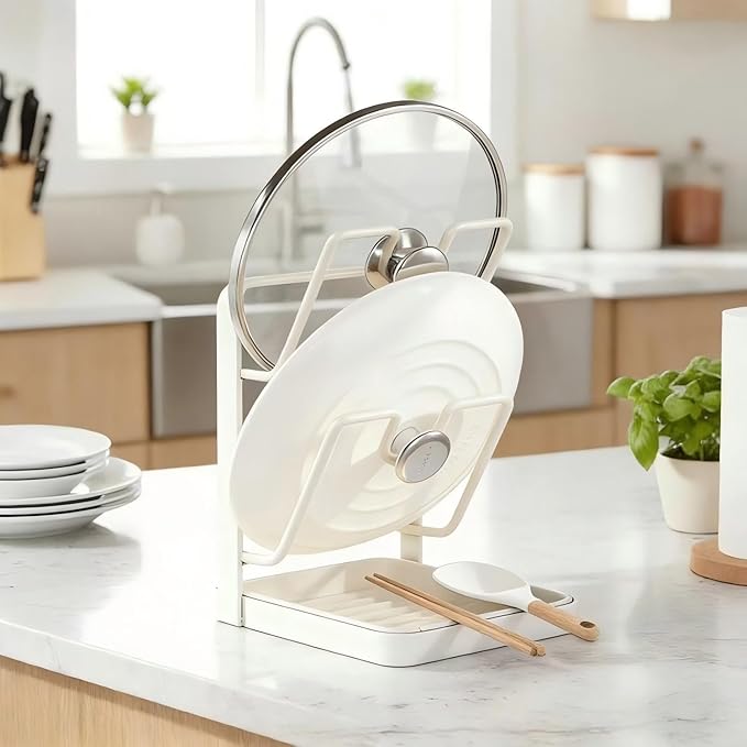Pot Lid Organizer, Pot Lid Holder, Kitchen Pots Lids Storage Rack, Pots Cover Holder Rack, Pan Lids Holders While Cooking, For Various Lids and Utensils, With Removable Drip Tray (White-A)