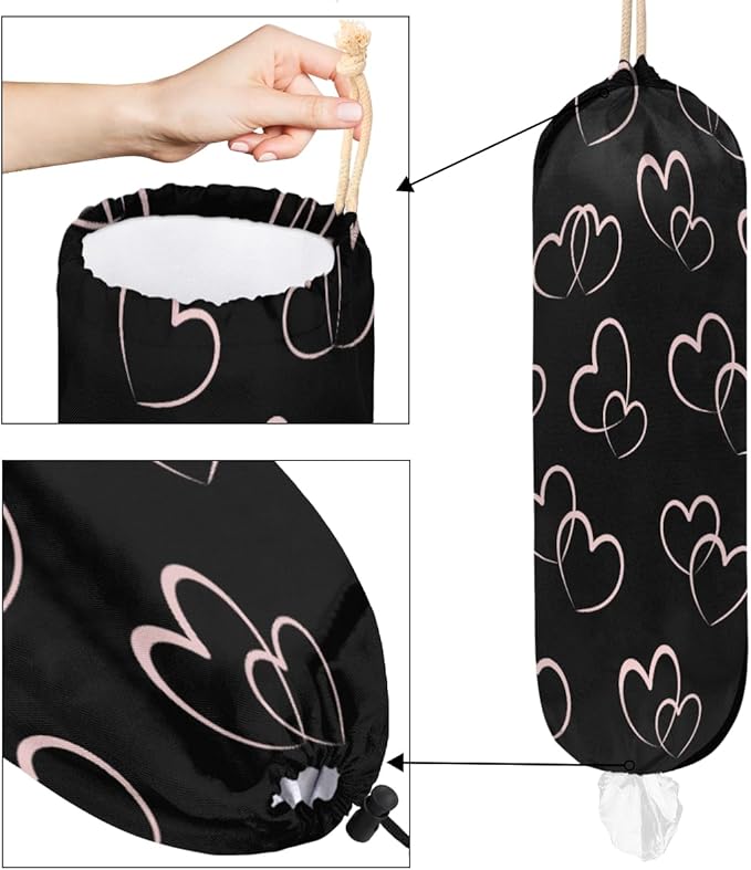 Plastic Bag Holder Black Heart Wall Mount Grocery Bag Holder Wasgable Plastic Bag Dispenser Garbage Bag Organizer for Home Kitchen Decor, Gifts for Women Mom Family Friends