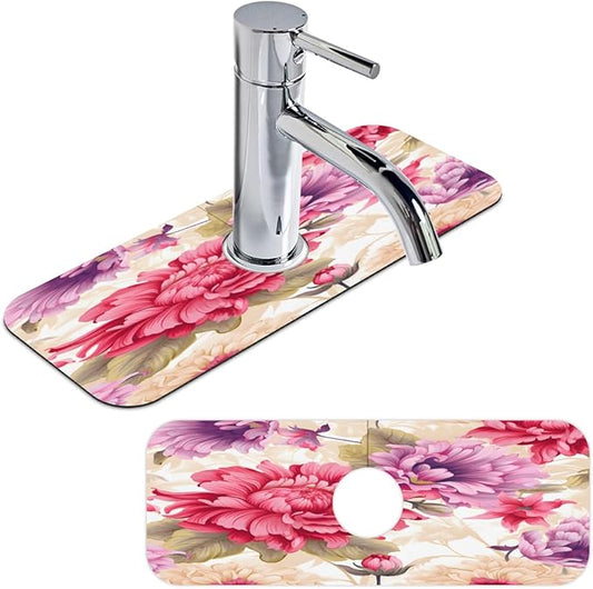 Floral Symphony In Cream Kitchen Faucet Mat Splash Guard, 15.4”x5.7” Absorbent Quick Drying Sink Mat for Countertop Protection, Draining Mat Sink Protectors For Kitchen Bathroom, 1 Pack