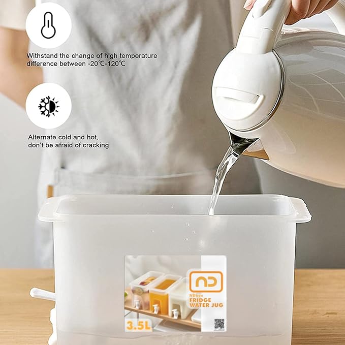 NDBOX Slim Fridge Jug with Faucet for Water, Iced Tea, Fruit Juice, Softdrinks, Milk, Beverages Dispenser - Hot or Cold Drinks for Parties - Spacesaver 3.5L or 0.92Gal Container (White Jug 1pc)