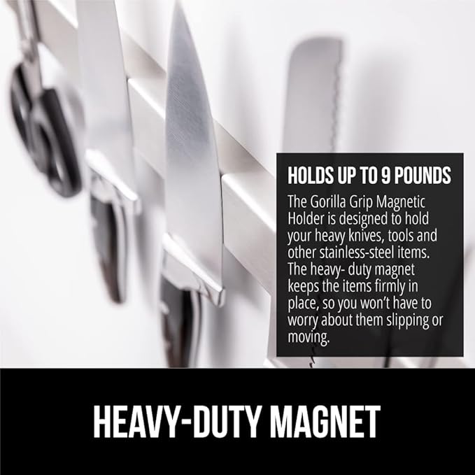 GORILLA GRIP Stainless Steel Magnetic Knife Holder for Wall, 14 in, Magnet Bar for Knives, Tools, Supplies, Heavy Duty Metal Strip Holds Up to 6 lbs, Kitchen Organizer, Non-Adhesive, Drilling Required