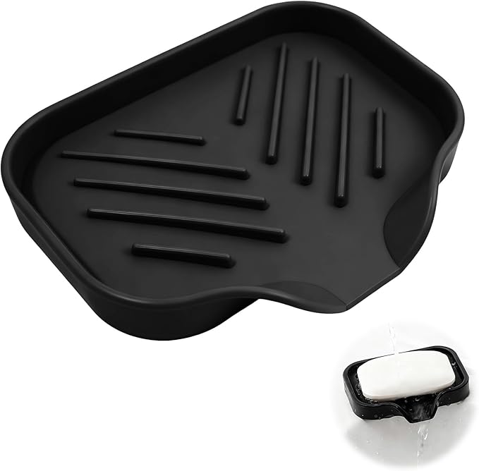 Sponge Holder with Drain Spout, 4.7" x 3.6" Bathroom and Kitchen Sink Organizer, Dish Soap Tray for Sponges, Scrubbers, Dispensers, Dish Brushes, Spoons & Other Sink Items, Dishwasher Safe (Black)