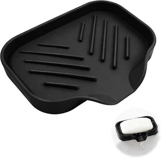 Sponge Holder with Drain Spout, 4.7" x 3.6" Bathroom and Kitchen Sink Organizer, Dish Soap Tray for Sponges, Scrubbers, Dispensers, Dish Brushes, Spoons & Other Sink Items, Dishwasher Safe (Black)
