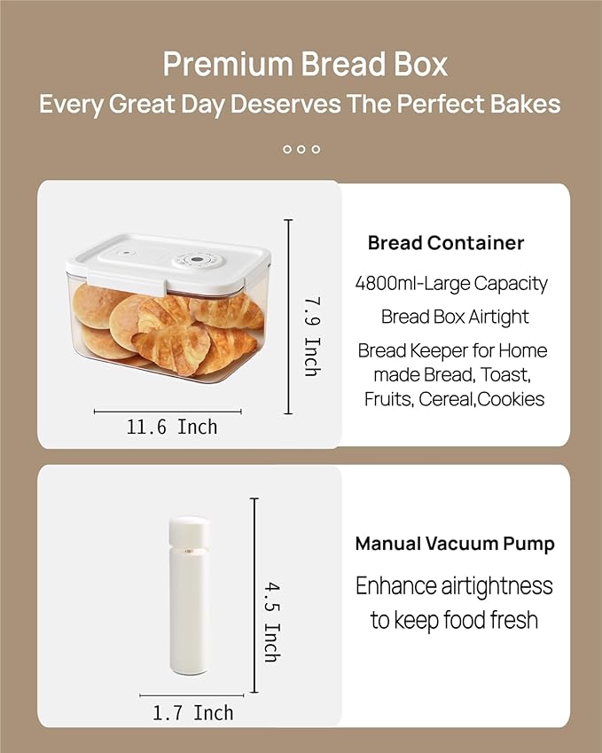 Bread Box with Vacuum Pump,Airtight Bread Box with Lid Time Recording, vacuum seal Bread Container，Reliable Material, Multiple Uses for Storging Fruits Cereal