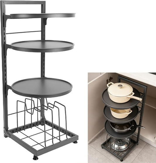 Pssopp Adjustable 4 Tier Pot Organizer, Carbon Steel Under Cabinet Pot Cookware Storage Rack for Pans Lids Kitchen Utensil