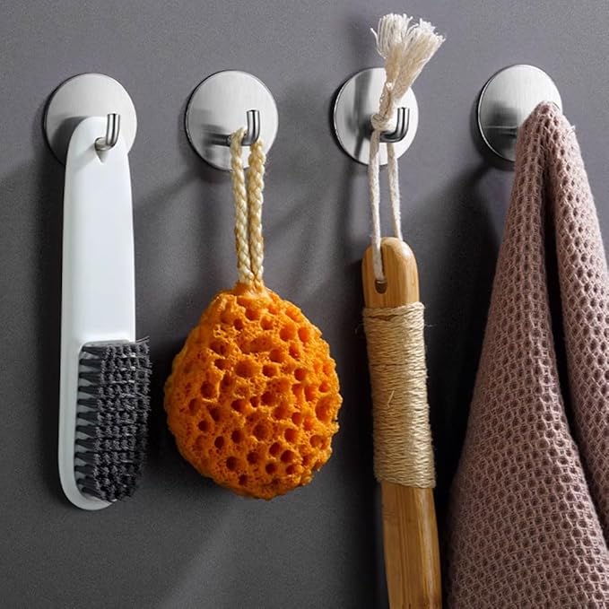 EDMILE 8 Pack Silver Adhesive Wall Hooks, Towel Hooks for Bathrooms, Sticky Hooks for Hanging, Stick on Wall Mount for Bathroom Kitchen Bedroom No Drill