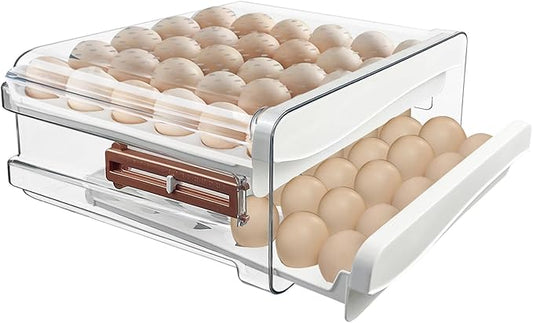 60 Egg Drawer Organizer for Refrigerator,2 Layers Transparent Egg Holder Tray for Fridge Stackable Eggs Storage Tray with Timescale