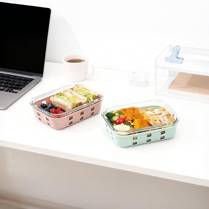 GENICOOK 4.4 Cup Glass Food Storage Containers, 5-Pack – Airtight Meal Prep Containers with Non-Slip Sleeve & Tempered Glass Lids, BPA-Free, Leakproof, Stackable