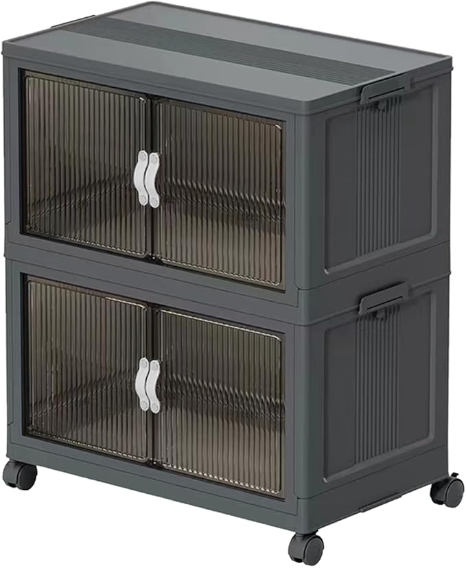 ONAIL Stackable Storage Bins, Plastic Collapsible Storage Bins with Lid and Wheels, Folding Closet Organizer Clear Doors, Foldable Cabinet Storage Boxes for Home, Pantry, Office (M, Gray 2-Tier)