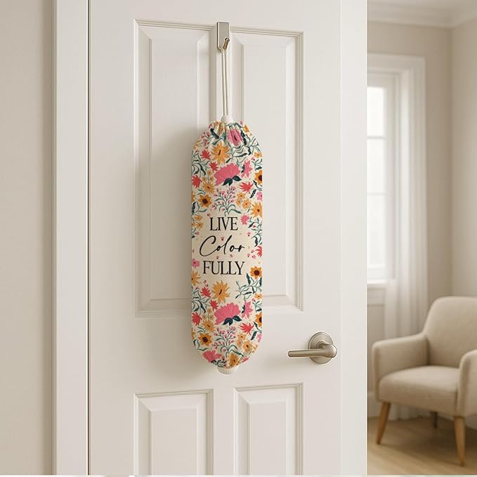 Plastic Bag Holder, Live Color Fully Plastic Bag Holder for Kitchen Essentials, Bags Holders for Plastics Bags Groceries Store, Floral Reusable Trash Sack Storage Dispenser to Home Kitchen Decor