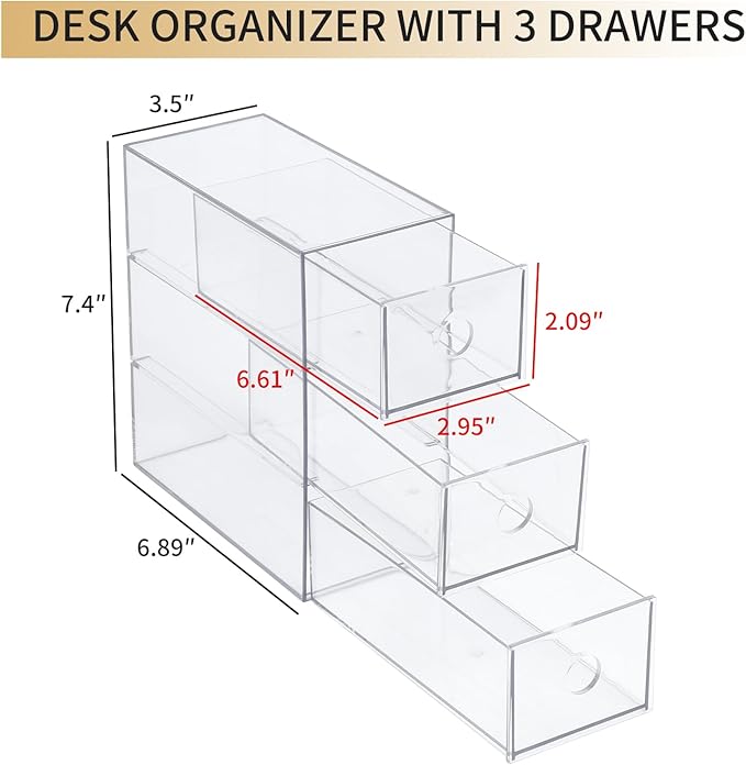 Plastic Storage Drawers, Home Office Supplies Organizer for Bathroom, Kitchen, Pantry, Coffee Bar, Clear Desk Accessories Box for Marker, Art Crafts, Makeup (12 Drawers)