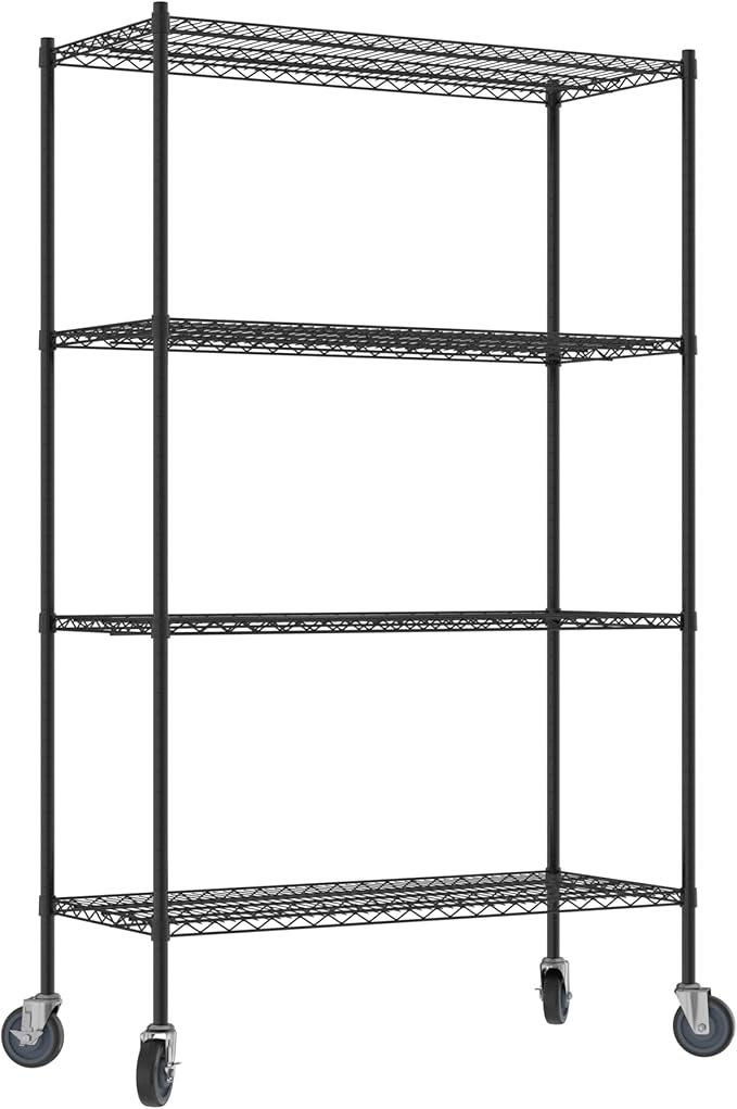 Commercial NSF Listed Black Epoxy Mobile Wire Shelving Kit 21" x 48" x 80", with 4 Shelves Perfect for Warehouse, Walk-in Refrigerator, Freezer, Grocery Store, Restaurant, Dishroom
