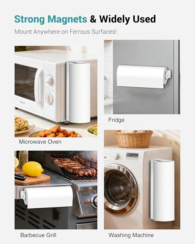Magnetic Paper Towel Holder for Fridge, White Paper Towel Holder for Kitchen, Strong Magnet for Refrigerator, RV, Garage, BBQ, No Drilling, Kitchen & Bathroom Organizers and Storage