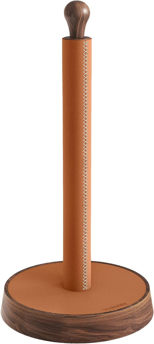 YUMORE Paper Towel Holder for Kitchen Countertop - Designer Walnut Wood and Leather Stand with Stabel Base, Modern Organizer for Bathroom