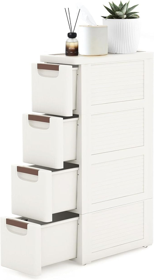 4 Drawers Narrow Storage Cabinet, Slim Bathroom Storage Cabinet, Plastic Rolling Cart Organizer for Small Spaces, Laundry, Office, Home,White