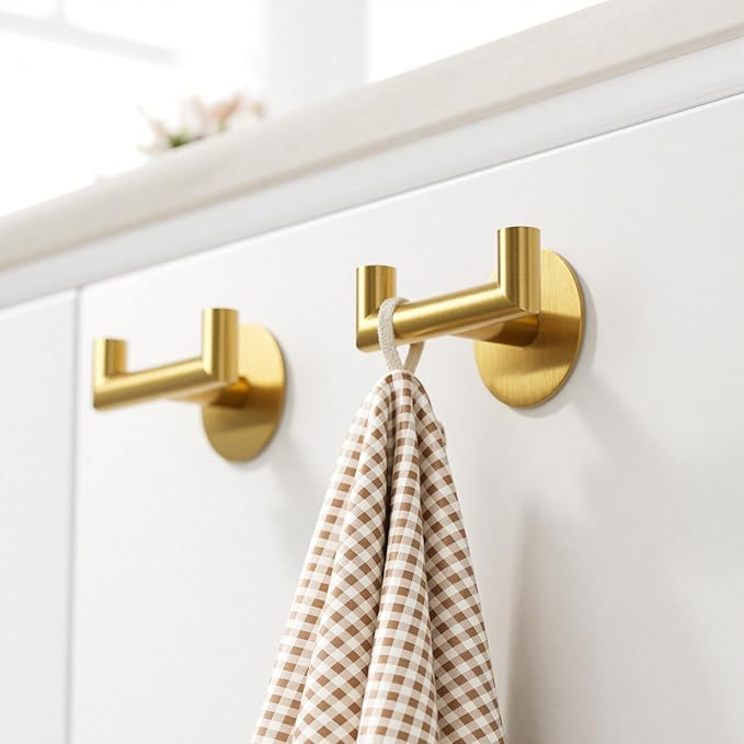 GWAAZXGZ 2 Pack Brushed Gold Bathroom Hooks for Towels - Self Adhesive Double Hooks for Wall, No Drilling, Stainless Steel 304, Strong Hold for Robes, Coats, Shower Use