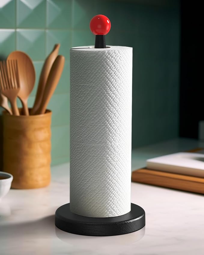 KitchLife Paper Towel Holder Countertop, 1 Pack Freestanding Decorative Black Red Weighted Holder Fits Jumbo Roll - Aesthetic Solid Paper Towel Dispenser Stand with Thickened Wider Anti-Skid Base