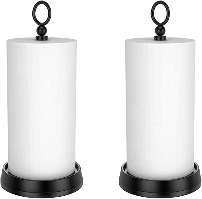 Standing Paper Towel Holder, Non-Slip Paper Towel Roll Holder for Bathroom, Stainless Steel Kitchen Paper Towel Stand Countertop (Matte Black, 2 Pack)
