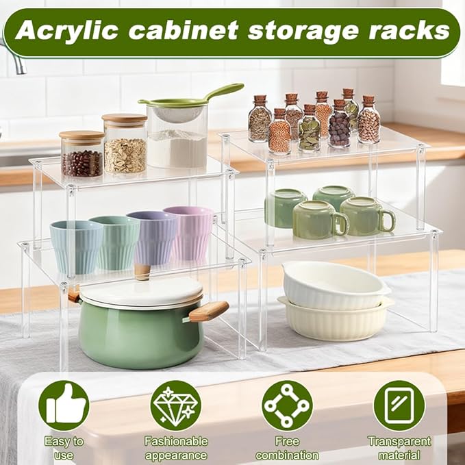 Clear Cabinet Organizer, 4 Pack Acrylic Cabinet Organizer and 1PC Acrylic Display Box, Stackable Spice Rack Organizer Shelf for Kitchen Dishes, Spices, Soda Cans and Bottles