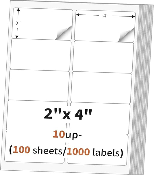 2"x 4" (100 Sheets) Address Labels, Labels Sticker Paper for Laser/Ink Jet Printer, Printable and Writable White Sticker Labels- Matte, 10 per Page Labels (Total 1000 Labels)