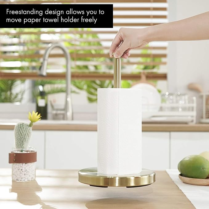 KES Kitchen Paper Roll Holder Standing Paper Towel Holder with Weighted Base for Standard or Mega Rolls SUS304 Stainless Steel Brushed Gold, KPH202-BZ