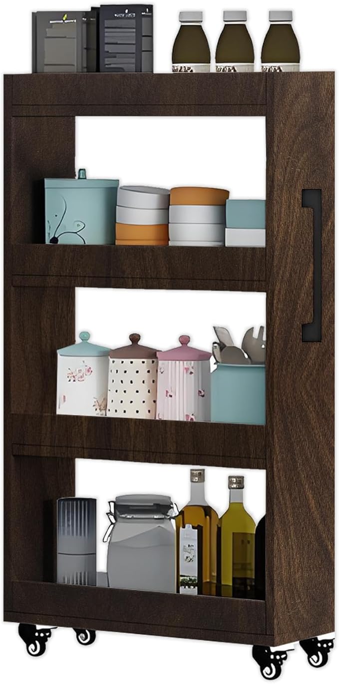 7-Tier Slim Rolling Storage Cart, Wooden Narrow Pantry Cabinet with Wheels, Tall Space-Saving Shelf Organizer for Kitchen, Laundry, Bathroom (Dark Brown, 47.2" H*5.9" W*23.6" D)