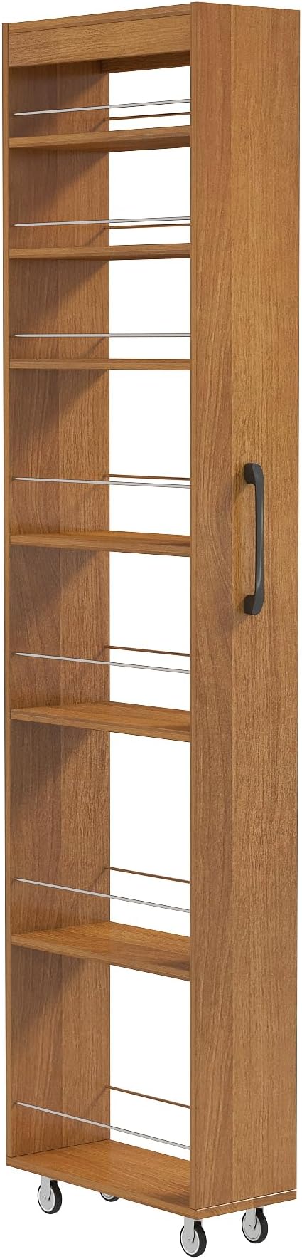 7-Tier Slim Pull-Out Storage Cart with Wheels – Multi-Functional Mobile Organizer, 7 Open Shelves + Top, Adjustable Height, Protection Bars, Perfect for Kitchen, Living Room & Narrow Spaces (Oak)