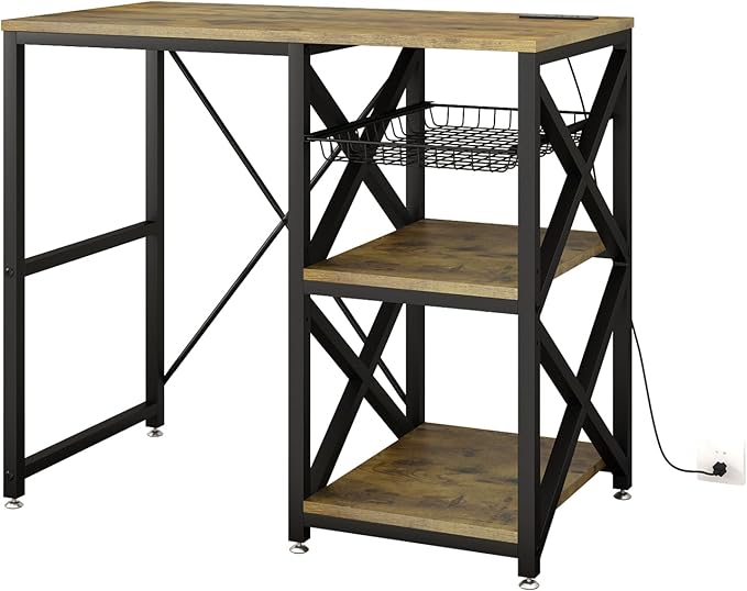 Kitchen Bakers Rack with Power Outlet,Mini Fridge Cabinet with Mesh Basket, Mini Fridge and Microwave Table with Storage for Office,Kitchen,Living Room,Coffee Bar,Patio,Brown
