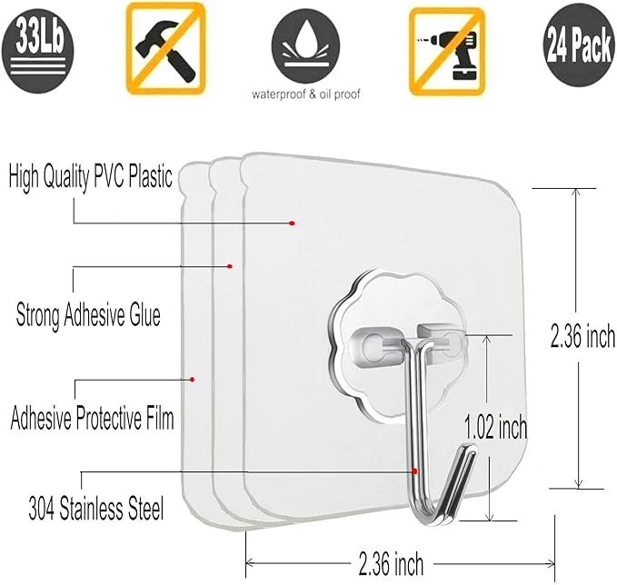 Jwxstore 24 Pack Heavy Duty Self Adhesive Hooks - 33lb Max, Transparent, Waterproof, Sticky Wall Hooks for Keys, Bathroom, Shower, Outdoor, Kitchen, Door, Home Improvement, Utility