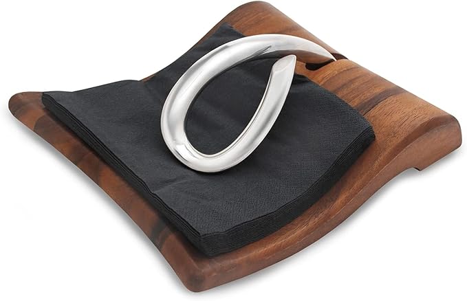 Nambé Breeze Napkin Holder – Decorative Acacia Wood & Stainless Steel Tabletop Organizer for Dining, Kitchen, Outdoor Meals & Gatherings – Sleek Modern Napkin Dispenser for Home Use