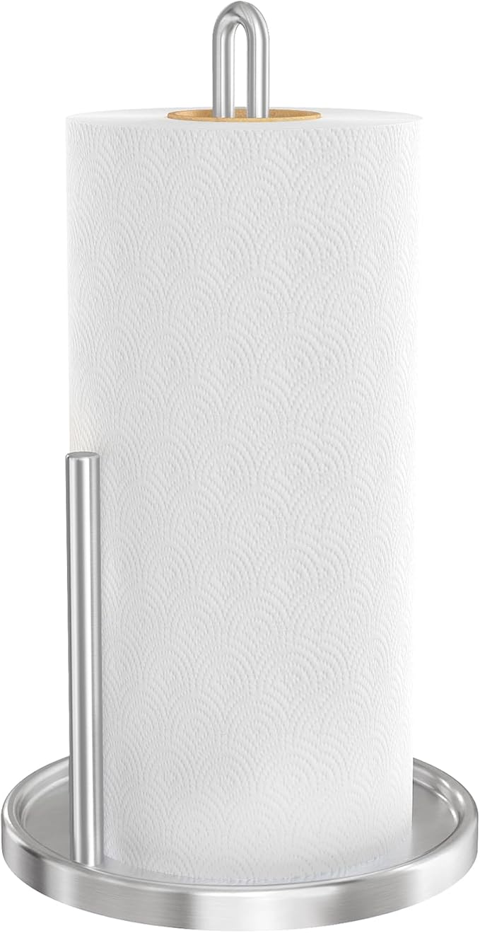Paper Towel Holder Countertop, Freestanding Paper Towel Roll Holder with Weighted Base, Stainless Steel Standing Papertowel Holder for Kitchen, Silver