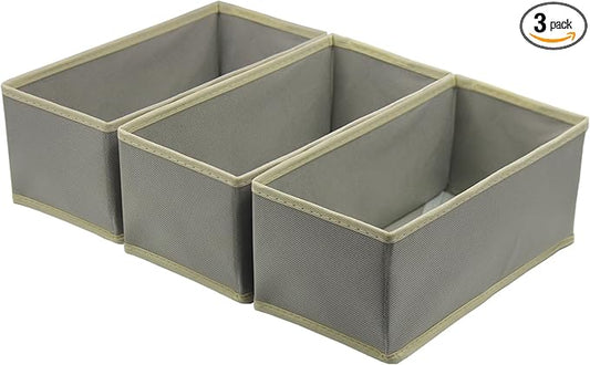 Sock Drawer Organizer 3 Pack - Foldable Fabric Storage Bins for Underwear Divider, Small Closet Organizers with 3 Compartments, Light Gray