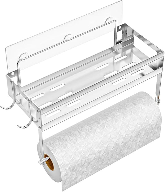 ESOW Paper Towel Holder with Shelf Storage, 2-in-1 Wall Mounted Paper Towel Roll Rack Basket for Kitchen, Balcony & Bathroom, Self-Adhesive or Drilling Installation, SUS304 Brushed Nickel Finish