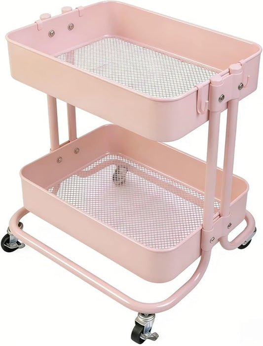 2 Tier Rolling Cart with Wheels for Under Desk Storage, Pink Small Rolling Pantry Storage Cart for Small Space, Metal Short Utility Shelf for Vanity Kitchen Bathrrom Laundry Organization