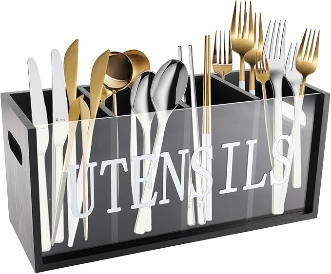 Utensil Holder, Wooden Utensil Organizer with Handles, Large 4 compartments Utensil Crock, Farmhouse Kitchen Decor, Black Utensl Storage Caddy for Silverware Spoons Spatula Forks and Knives