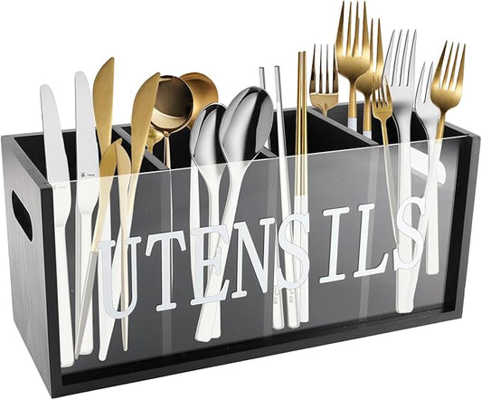 Utensil Holder, Wooden Utensil Organizer with Handles, Large 4 compartments Utensil Crock, Farmhouse Kitchen Decor, Black Utensl Storage Caddy for Silverware Spoons Spatula Forks and Knives