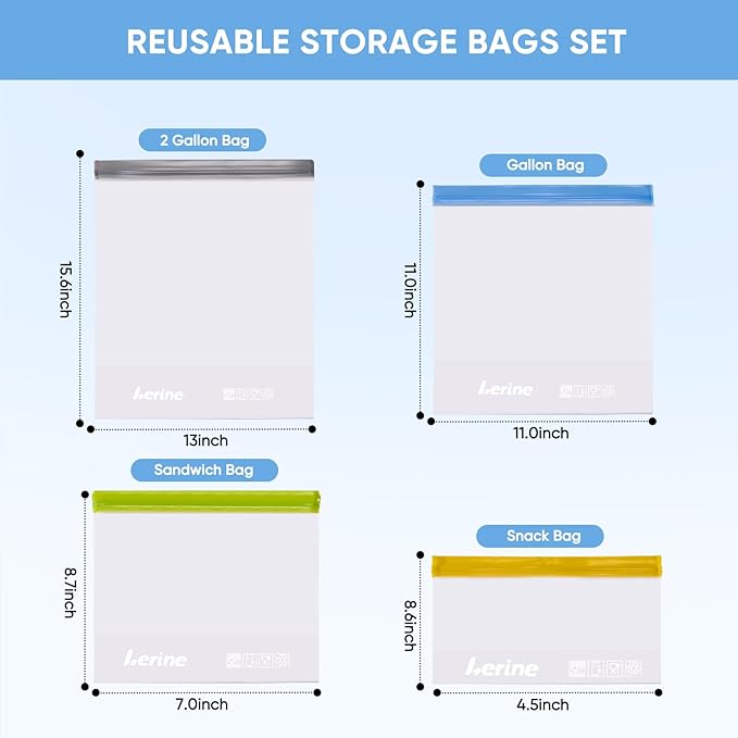 Lerine 10 Pack Stand-Up Reusable Gallon Bags, BPA-Free Leakproof Food Storage Bags, Dishwasher Safe Reusable Freezer Bags for Marinating, Travel, Meal Prep - 4 Sandwich, 3 Gallon, 3 Snack (Multicolor)