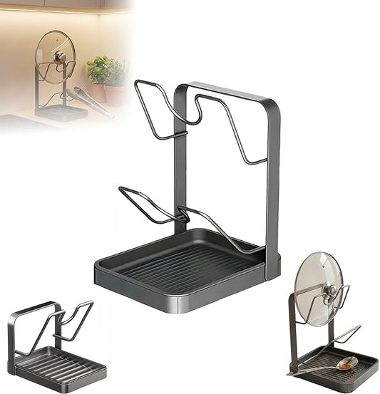 Kitchen Pot Lid Storage Rack, Multifunctional Holder While Cooking, Secure U-Shaped Slots Spoon Rest & Cutting Board Organizer, Removable Drip Tray for Countertop Stove Top (Black2)