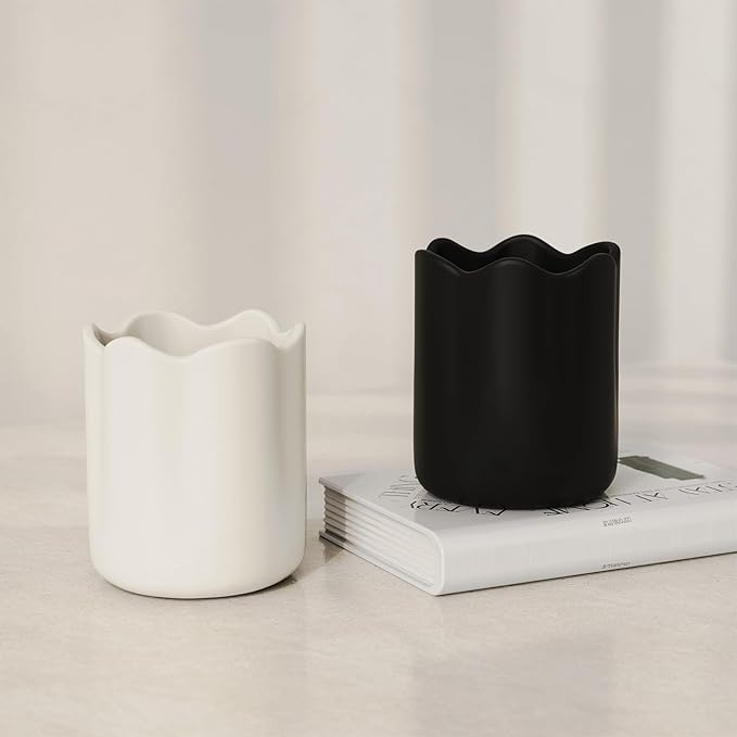 Ceramic Utensil Holder for Kitchen Counter, 6.2" Large Kitchen Utensil Holder for Countertop with Cork Bottom, Cooking Tool Organizer for Spatula, White