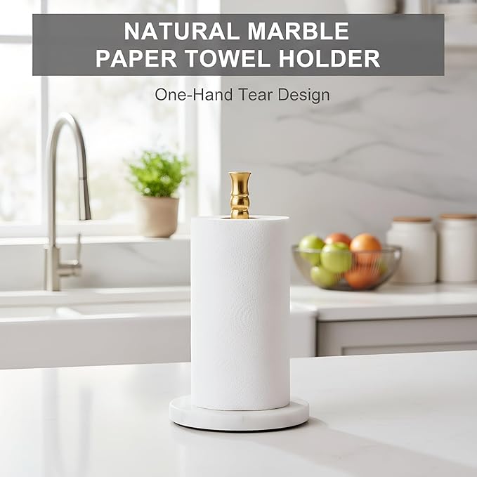 Paper Towel Holder Stand, One-Handed Ripping Paper Towel Roll Holder Countertop, Heavy Marble Base, NOT Tip Over - (Marble Base, Gold)