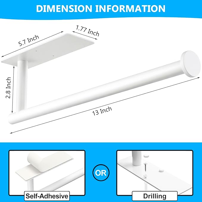White Paper Towel Holder, Self Adhesive Paper Towel Roll Holder Under Cabinet, Stainless Steel Wall Mount Towel Paper Holder for Kitchen, Bathroom, RV